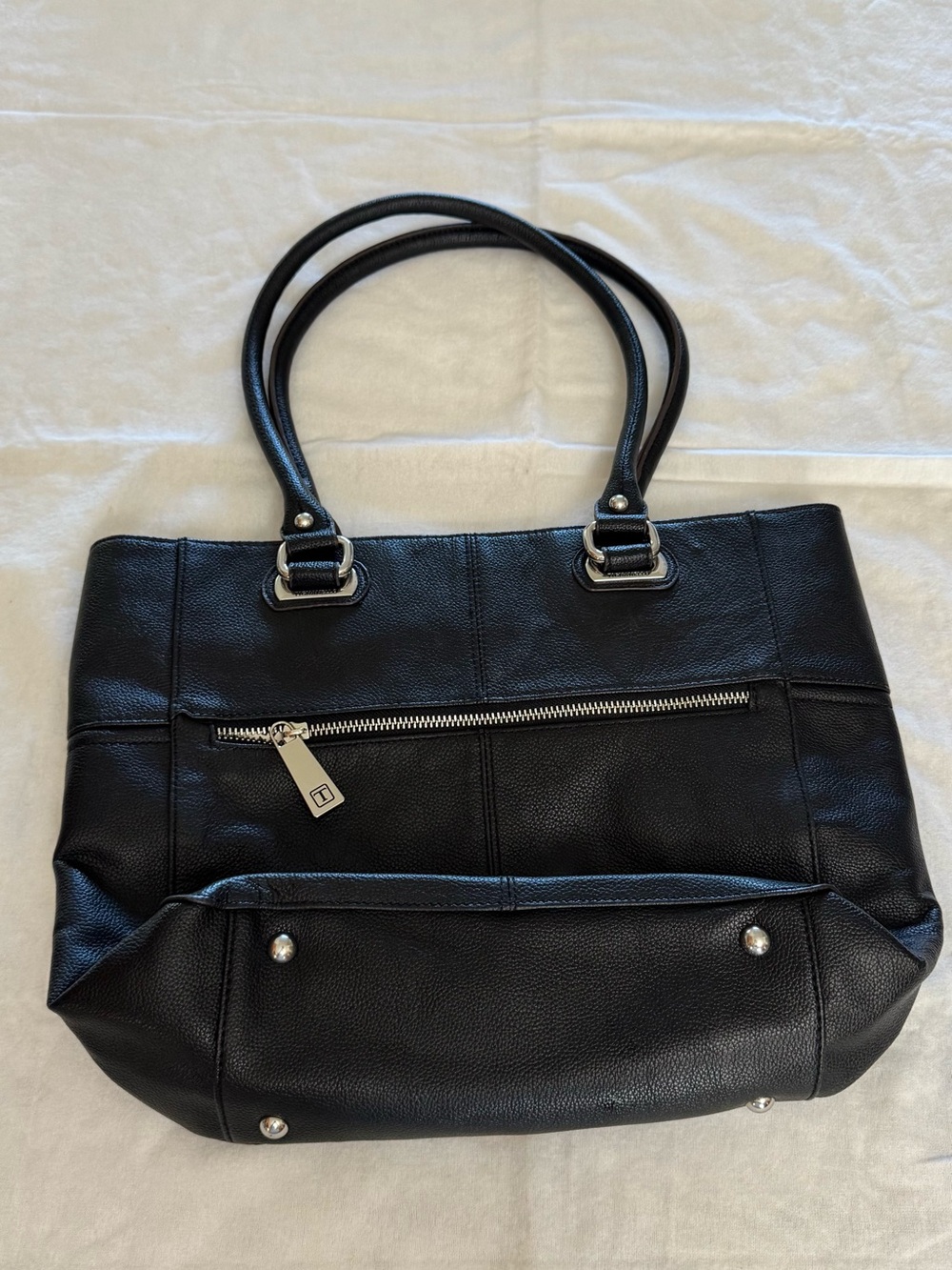 Black Leather Tote Bag with Front Zip Pocket & Two Front Pockets